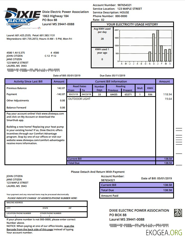 USA Mississipi Dixie Electric utility bill template in Word and PDF format
